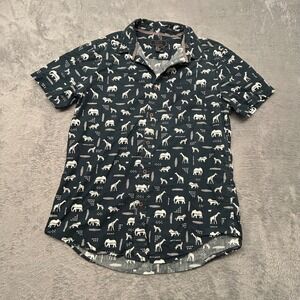 21 Men Navy Blue Safari Animal Print Short Sleeve Cotton Button Down Shirt M